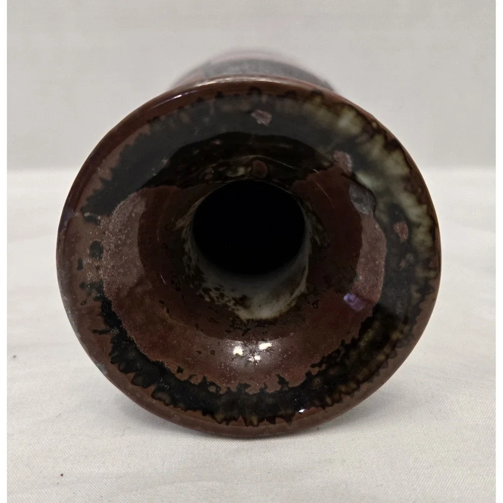Vtg Bombay Company Ceramic Checkerboard Vase Tall Slender Metallic Grey & Brown